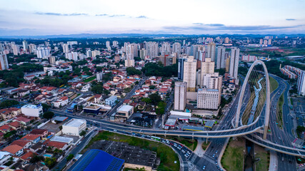 Sao Jose dos Campos, Sao Paulo, Brazil - 04, 2022:.Aerial view of the cable-stayed bridge in São José dos Campos known as the innovation arch.