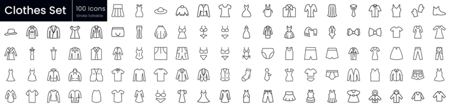 Set of outline clothes icons. Editable stroke thin line icons bundle. Vector illustration
