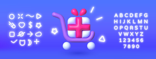 Obraz premium 3d gift cart neon for banner design. Realistic 3d vector. Realistic card on blue backdrop. Vector 3d illustration