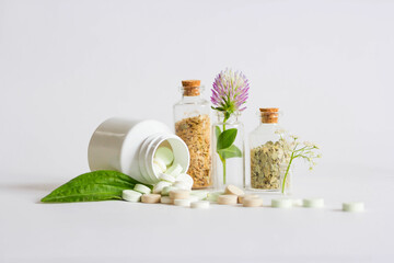 Phytotherapy, herbal medicine, alternative health care fresh herbs, herbal tablets, dry herbs on background.
