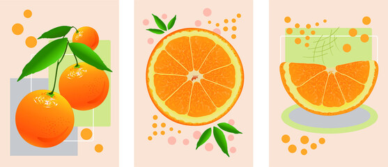 A set of vector posters with oranges. Juicy orange fruits in a modern style