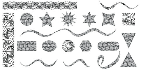 Lace pattern fills a variety of geometric shapes. Set of graphic design elements. Vector illustration.