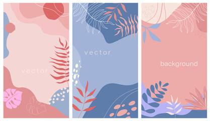 A set of vertical vector design templates in a simple contemporary style with summer tropical leaves, abstract shapes, with space for copying text, desktop wallpapers in social media.