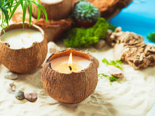 Fototapeta na wymiar Original decorative handmade natural soy wax candle in a coconut. Candle in a coconut shell. Spa aroma candlet.