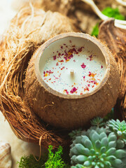 Original decorative handmade natural soy wax candle in a coconut. Candle in a coconut shell. Spa aroma candlet.