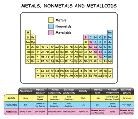 Metals Nonmetals and Metalloids Infographic Diagram showing their location in the periodic table of elements and comparison table of their properties for chemistry science education vector