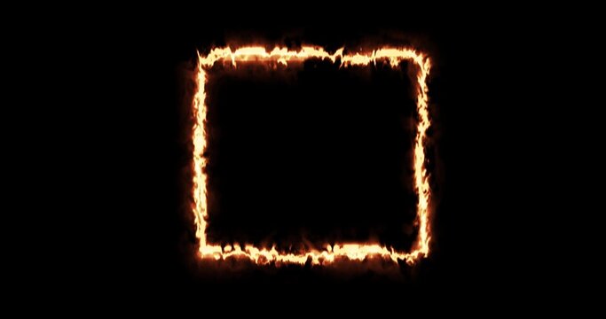 Fiery yellow red rectangle on a black background. Abstract rectangle, sun flame frame. Gradually, a burning square of fire appeared and a constant burning in a rectangle. Animated 4k graphics, cartoon