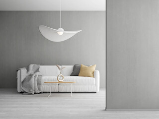 Minimal style gray living interior with ceiling lamp and sofa.Copy space on wall.3d rendering