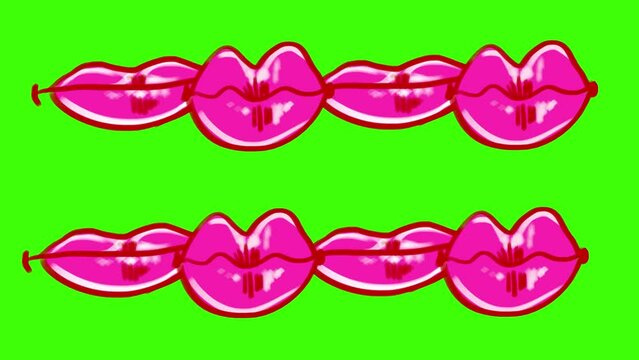 Cartoon pink lips on a green background. Animation with air kisses. A symbol of flirting and flirting. 4k with 2D lips and alpha channel.