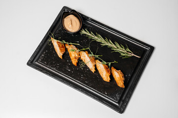 Teriyaki, asian food, Chinese dishes, teriyaki on black plate, microgreen