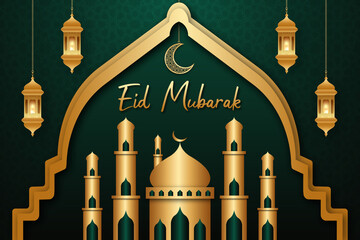 Eid mubarak luxurious background design template with golden elements mosque and moon