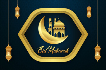 Eid mubarak luxurious background design template with golden elements moon and mosque