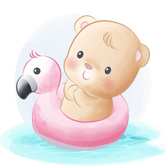 Cute bear On Flamingo Swim Tube