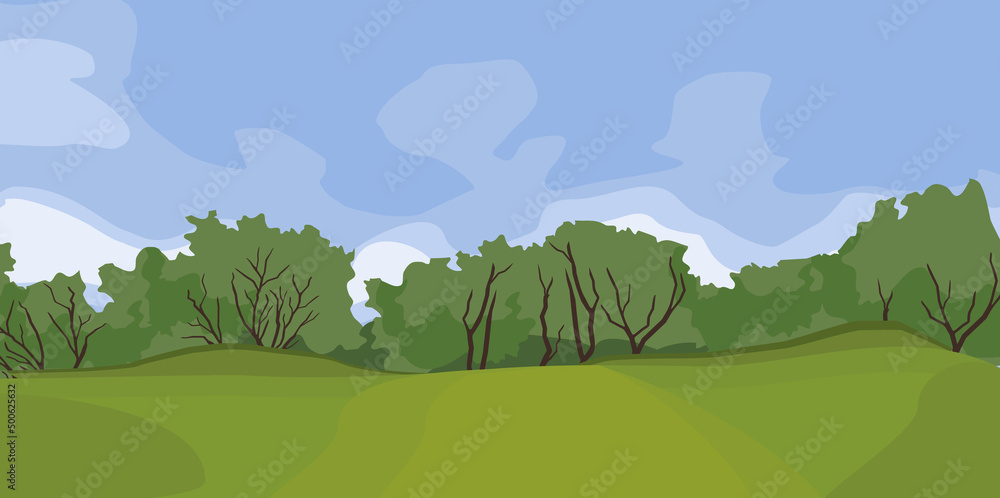 Poster abstract summer landscape with green forest on horizon and blue sky