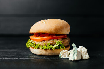 Tasty hot fresh hamburger with brie cheese on black wooden background composition