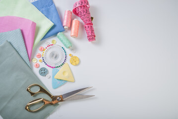 Hobby sewing different accessories. Scissors, needles, buttons