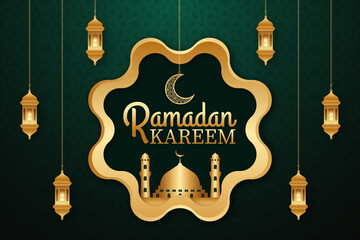 Ramdan kareem luxurious background design template with golden elements mosque and moon
