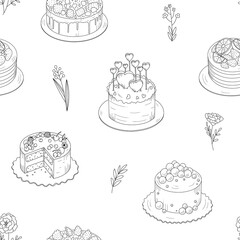 Seamless pattern with various cakes of the pastry shop. Doodle elements on white. Sketch, outline with simple shapes and lines.