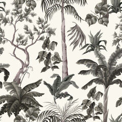 Seamless pattern with vintage trees and palms, plants. Vector.