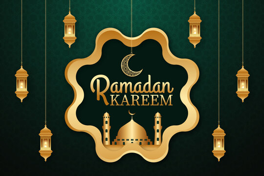 Ramdan Kareem Luxurious Background Design Template With Golden Elements Mosque And Moon
