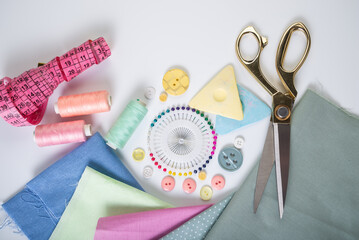 Hobby sewing different accessories. Scissors, needles, buttons