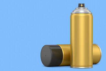 Cans of spray paint isolated on blue background. Spray bottle and dispenser