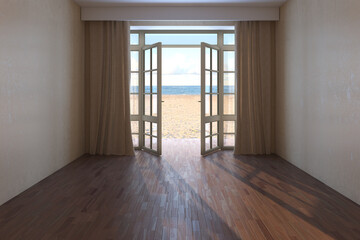 Empty Hotel Room with Sea View. Interior with Beige Curtains, Open Door Overlooking the Beach, Yellow Sand and Clouds. Dark Parquet Floor and Beige Plaster Walls. 3d rendering, 8K Ultra HD, 7680x5121