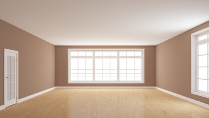 Interior Concept of the Empty Room with Light Brown Walls, Parquet Floor, Large Full Wall Window, a White Door and a Window Opposite. 3d rendering with a Work Path on Windows. 8K Ultra HD 7680x4320