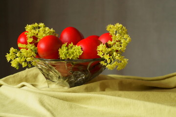 Easter background with red eggs	