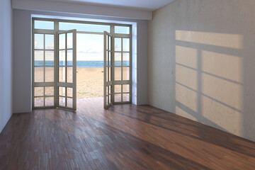 Empty Interior with Sea View. Unfurnished Hotel with Open Doors Overlooking the Ocean, Yellow Sand and Clouds. Dark Parquet Floor and a Beige Plaster Wall. 3d illustration, 8K Ultra HD, 7680x5121