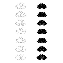 Lotus flower logo set. Silhouette black color, isolated on a white background. Water lily emblem for salon, spa, wedding card or cosmetic product. Eco and vegan concept. 