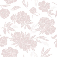 Stylish seamless pattern with pink peonies in bouquets and individual flowers on a white background.