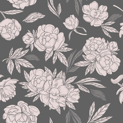 Seamless pattern with pale pink bouquets of peonies on a gray background. A beautiful, stylish pattern for fabric.