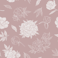 Stylish seamless pattern for textiles in beige tones with peonies individually and bouquets of them.