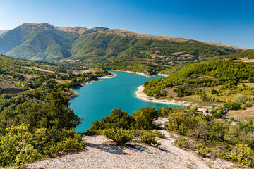 Aerial view of lake Fiastra in Sibillini mountains. Marche, Italy.