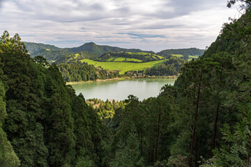 The crater lake Lagoa das Furnas in the homonym volcanic caldera in Sao Miguel island. Azores, Portugal.