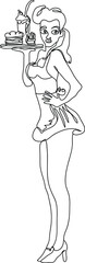 continuous one line sketch drawing of sexy woman waiter, line art vector illustration silhouette of pin girl waiter