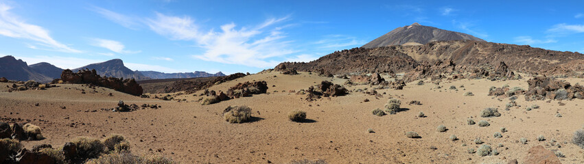 Panoramic view of the rock filled landscape with the summit of El Teide in the background 