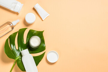 Natural cosmetic products. Cream, mask, lotion for face and body care. Flat lay image with copy space.