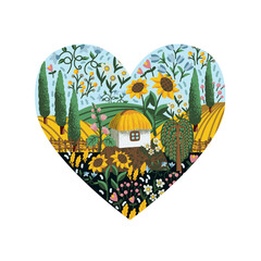 Obraz premium Ukrainian landscape, house and flowers in the heart. Textile vector