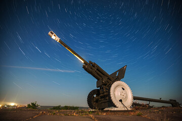 Star tracks over the memorial complex of the Second World War "Tomb of the Baba". Ukraine