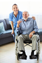 Fototapeta na wymiar nurse doctor senior care caregiver help assistence wheelchair retirement home nursing elderly man