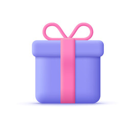 Gift box with ribbon bow. Surprise, birthday or holiday  concept. 3d vector icon. Cartoon minimal style.