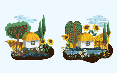 Ukrainian landscape, house and flowers isolated. Textile vector.