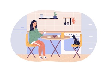 A young woman is eating in the kitchen and has breakfast. Women activity and leisure illustration