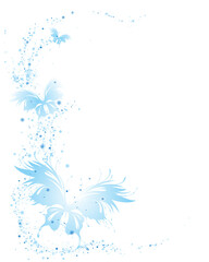 Fototapeta na wymiar Abstract white background with blue flying butterflies. Vector frame for graphic design, label, badge. Empty space for text.