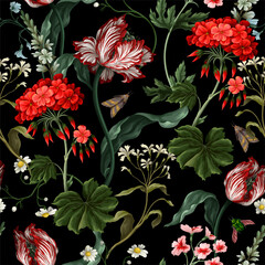Seamless pattern with tulips, geraniums and bugs. Vector.