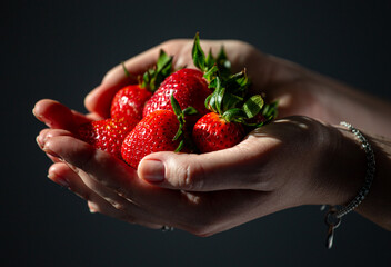 A woman holding a red, ripe, fresh strawberry in her hands, isolated on a dark background close-up, selective focus. A young woman holding a handful of fresh ripe strawberries, close-up. Strawberry. 