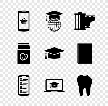 Set Shopping basket on mobile, Graduation cap globe, Camera film roll cartridge, Smartphone with contacts, laptop and Broken tooth icon. Vector