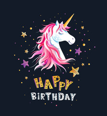 Birthday greeting card with Unicorn and stars on dark background. Cartoon character. Vector illustration. Lettering "Happy Birthday".